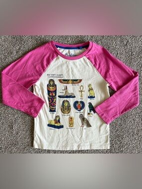 Mini Boden White Tee with Bright Pink Raglan Sleeves and Ancient Egypt Print